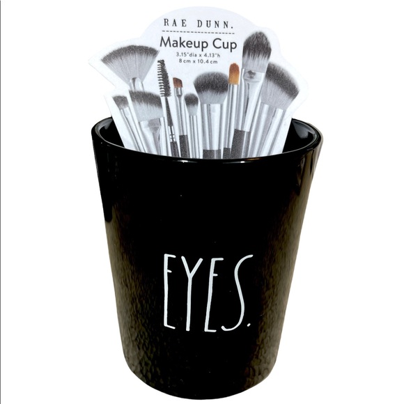 Rae Dunn Accessories - New Rae Dunn “EYES” Black Glass Make Up Holder with White Print